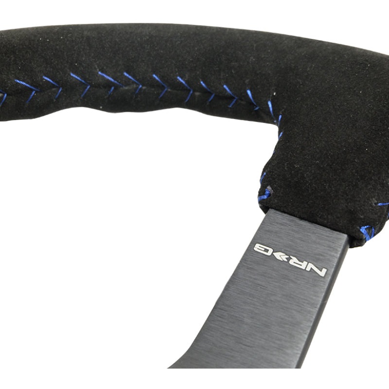 NRG Reinforced Steering Wheel (350mm / 3in. Deep) Blk Suede/Blue BBall Stitch w/5mm Matte Blk Spokes