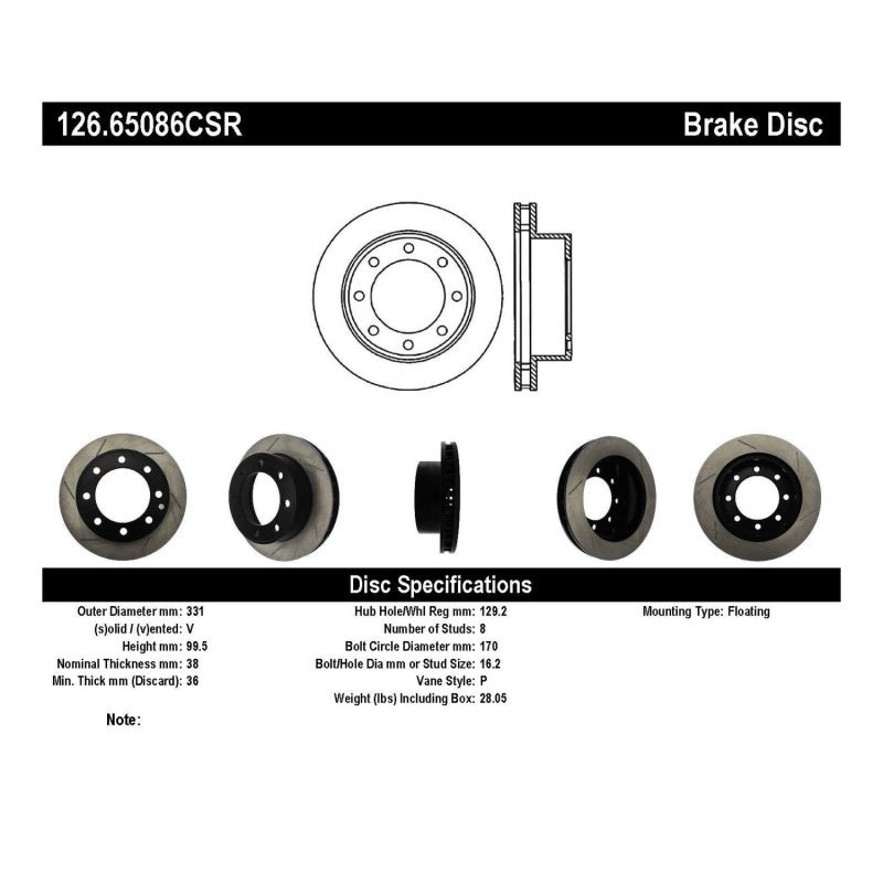 StopTech Power Slot 00-05 Ford Excursion / 99-04 F250/F350 Front Right Slotted CRYO Brake Rotor
