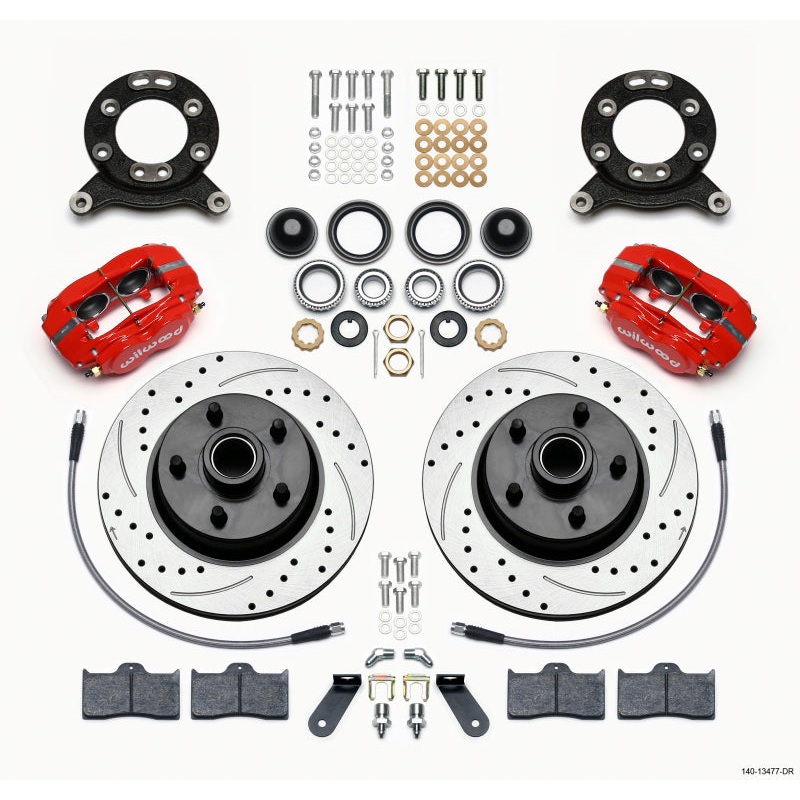 Wilwood Forged Dynalite-M Front Kit 11.30in 1 PC Rotor&Hub Drill-Red 1970-1973 Mustang Disc & Drum
