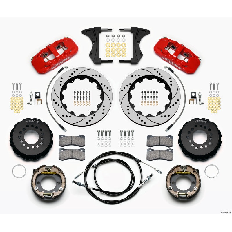 Wilwood AERO4 Rear Kit 14.00 Drilled Red 2005-2014 Mustang w/ BMR Suspn. w/Lines