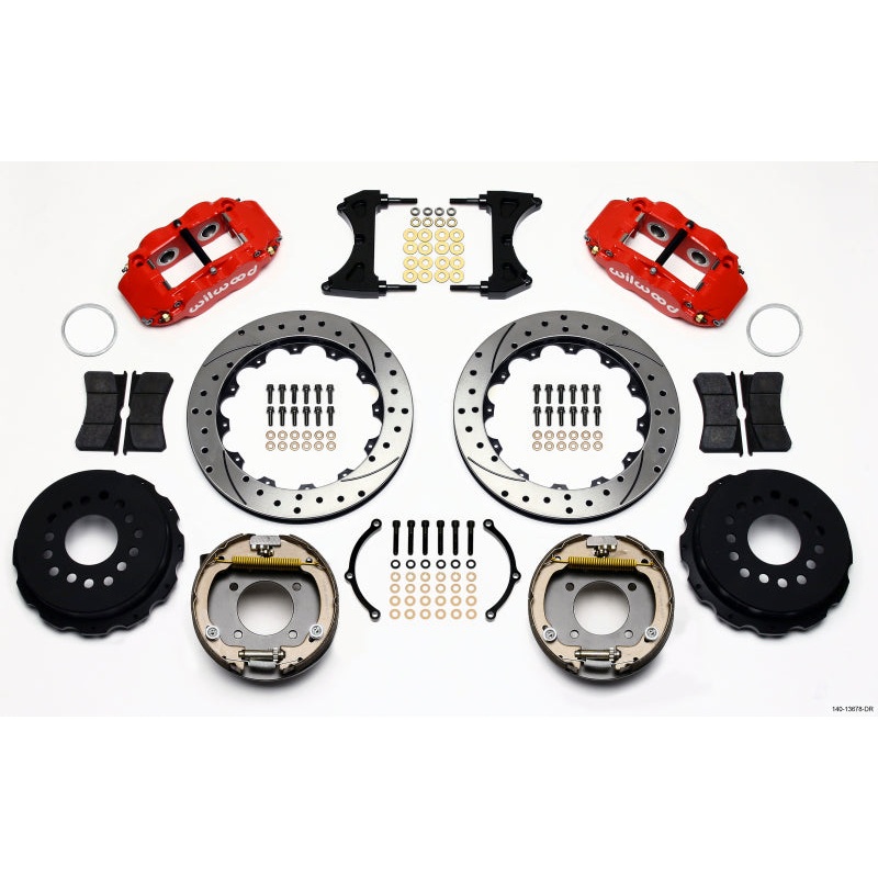 Wilwood Narrow Superlite 4R Rear P-Brk Kit 12.88in Drill Red Chevy 12 Bolt w/ C-Clips